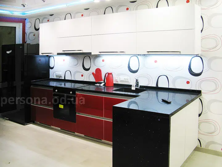Kitchen in white, red and black
