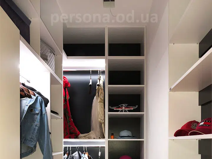 Walk-in closet in black and white