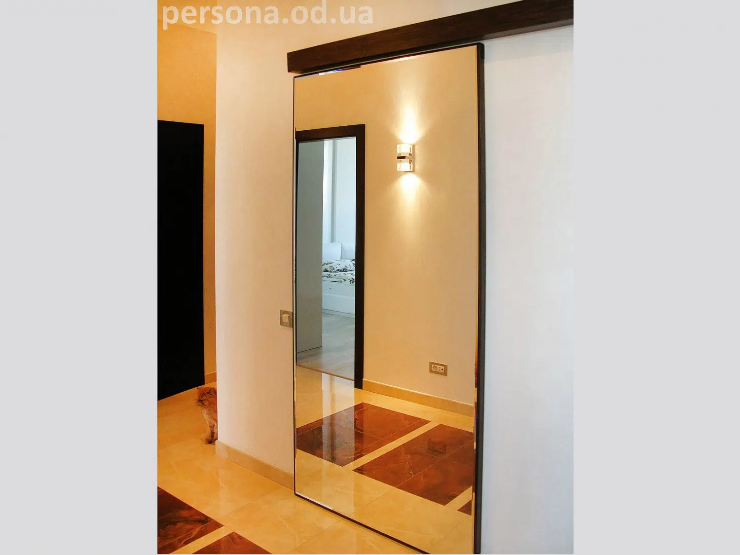 Suspended door to a walk-in closet