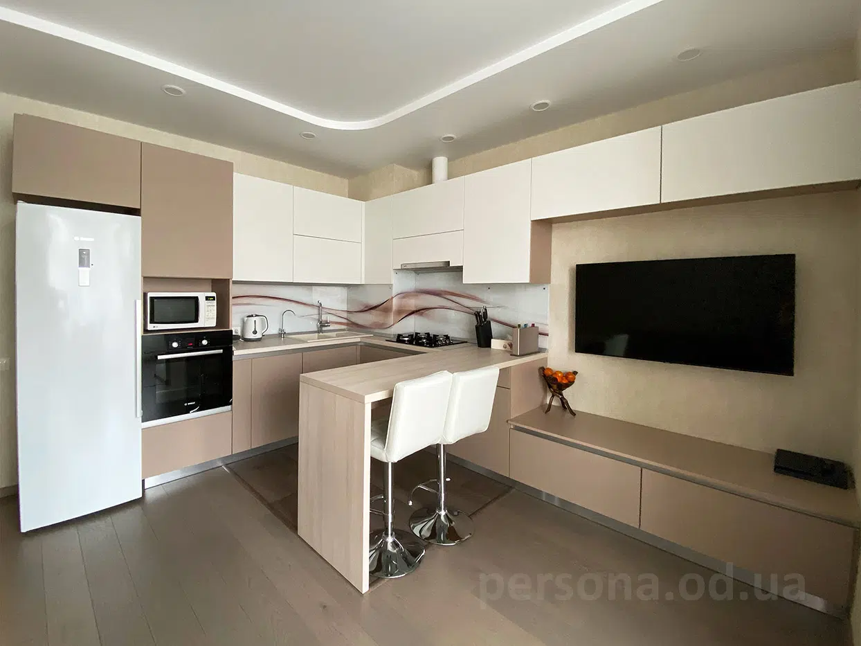 Studio kitchen with a bar counter and TV zone