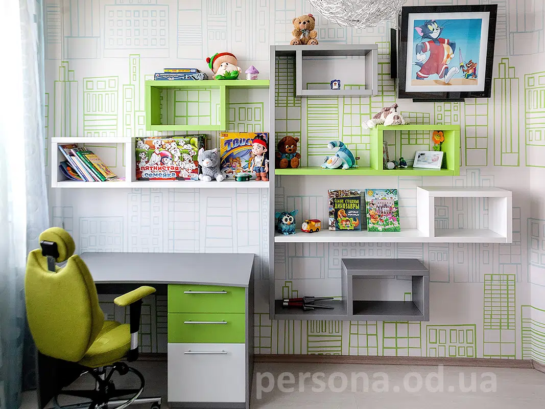 Bright children’s furniture with plenty of shelves